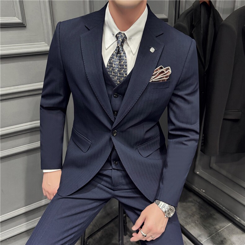 高品质~色织暗条纹平驳领一粒扣西服三件套藏青色SJT8062-P285,男装西服,电商A213