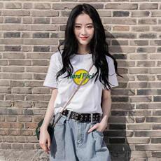 韩版印花圆领简约百搭运动风短袖T恤，女装T恤，L·H·X