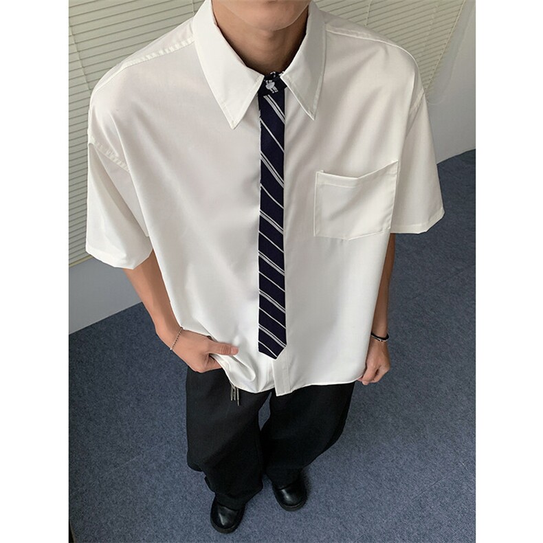 领带拼接格子纯色基础款黑白色男生学院风短袖衬衫夏季CS2537特40图片