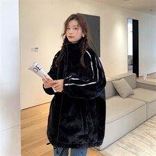 新款保暖外套立领杠条拼接长袖秋冬加厚超柔仿兔毛百搭显瘦外套女，女装皮草，潮品会
