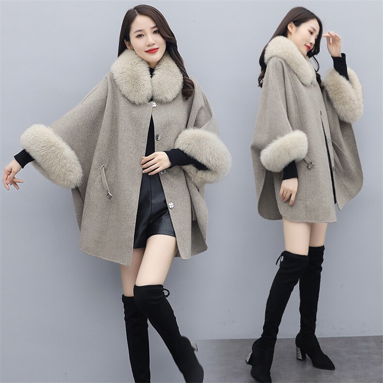 芷墨冬装新款时尚百搭毛呢外套斗篷外套可脱卸毛，女装毛呢外套，芷墨服饰