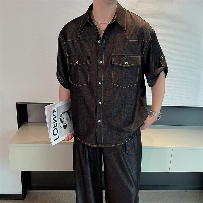 夏季垂感抗皱天丝牛仔短袖衬衫套装高级衬衣裤子两件套TZ258-P140,男装T恤,电商B267
