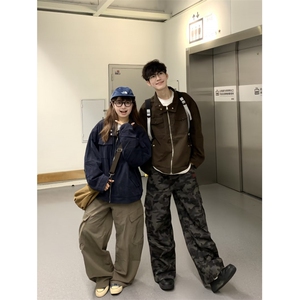 秋季美式复古水洗迷彩牛仔新款男女宽松阔腿休闲工装直筒图片