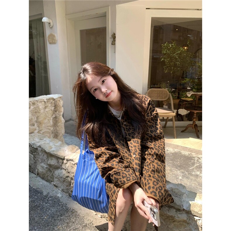 MZVZ美式豹纹牛仔外套女秋冬季设计感小众宽松慵懒风长袖衬衫上衣,男装衬衫,星座506A