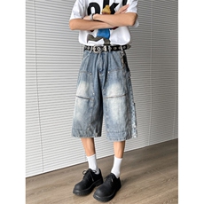 牛仔工装七分裤男2025夏季新款美式复古高街小众短裤D05512-P55，男装牛仔裤，星座308B-1