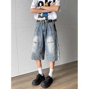 牛仔工装七分裤男2025夏季新款美式复古高街小众短裤D05512-P55图片