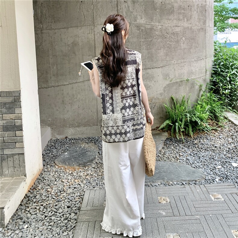 新中式国风绝美拼色包边小衫女夏季2025新款复古盘扣印花无袖上衣,女装蕾丝衫/雪纺衫,秋水欣儿