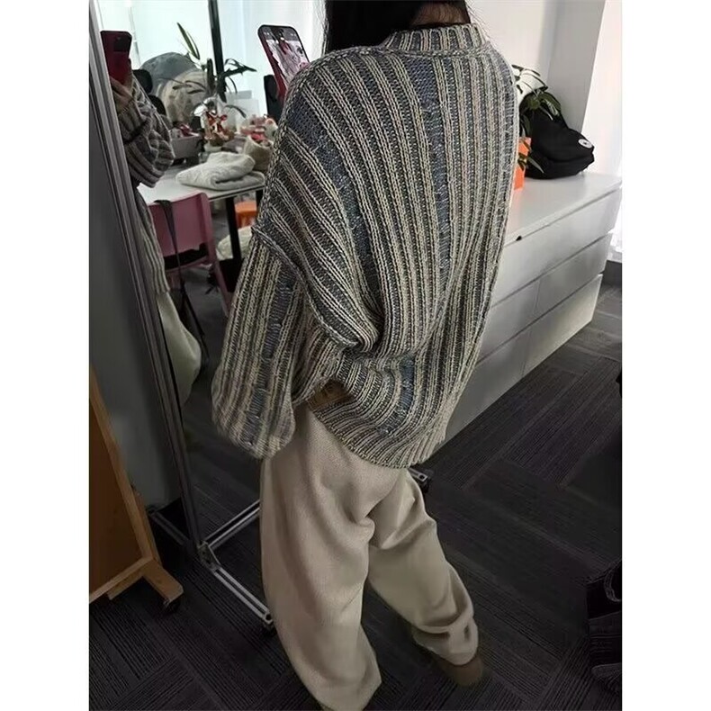 复古条纹撞色毛衣男秋冬韩系风格穿搭cleanfit圆领休闲情侣针织衫,男装针织衫/毛衣,四季星座505