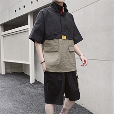 混色双拼休闲套装2021新款夏季宽松短袖t恤两件套男装，男装套装，电商A102