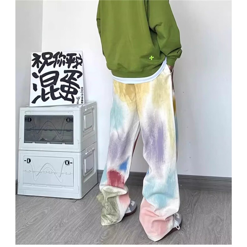 手绘刷漆彩色牛仔裤男夏季美式vibe风高街裤子宽松显瘦直筒休闲裤,男装牛仔裤,星座506A