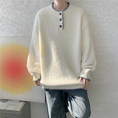 秋冬氛围感慵懒毛衣大码亨利领套头羊毛衫纽扣针织衫外套LM801P55，男装针织衫/毛衣，电商B215