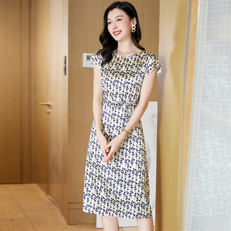 杭州19姆米重磅真丝连衣裙女夏季2025新款减龄印花收腰桑蚕丝裙子,女装连衣裙,阿舍尔精品
