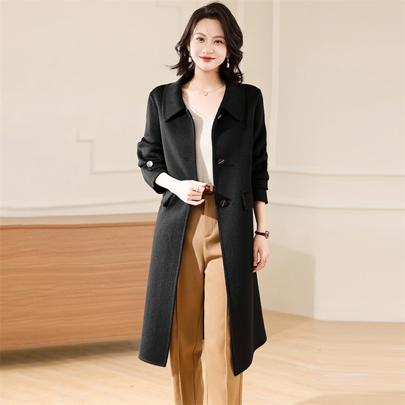 2025百搭时尚长款系扣翻领大衣，女装毛呢外套，贝源羊绒