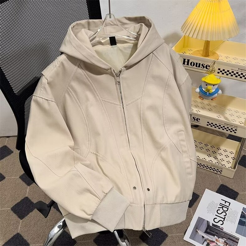 外套男春秋款美式复古口袋拉链连帽长袖纯色常规宽松型2241P83，女装短外套，星座410-2