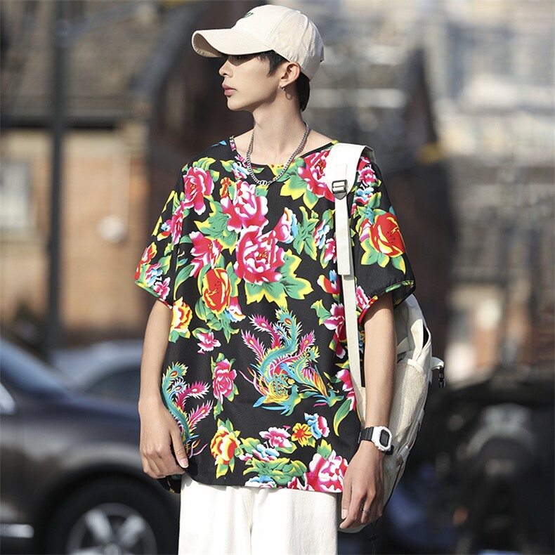 HT203夏男休闲东北大花民族风牡丹花圆领短袖T恤青少年大码男女潮，男装T恤，星座115A(原星座507）