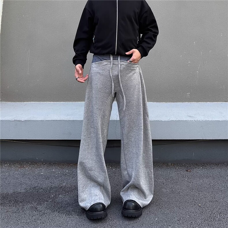 JY762-P51 美式格子拼接慵懒风灰色宽松卫裤男女拖地休闲裤图片