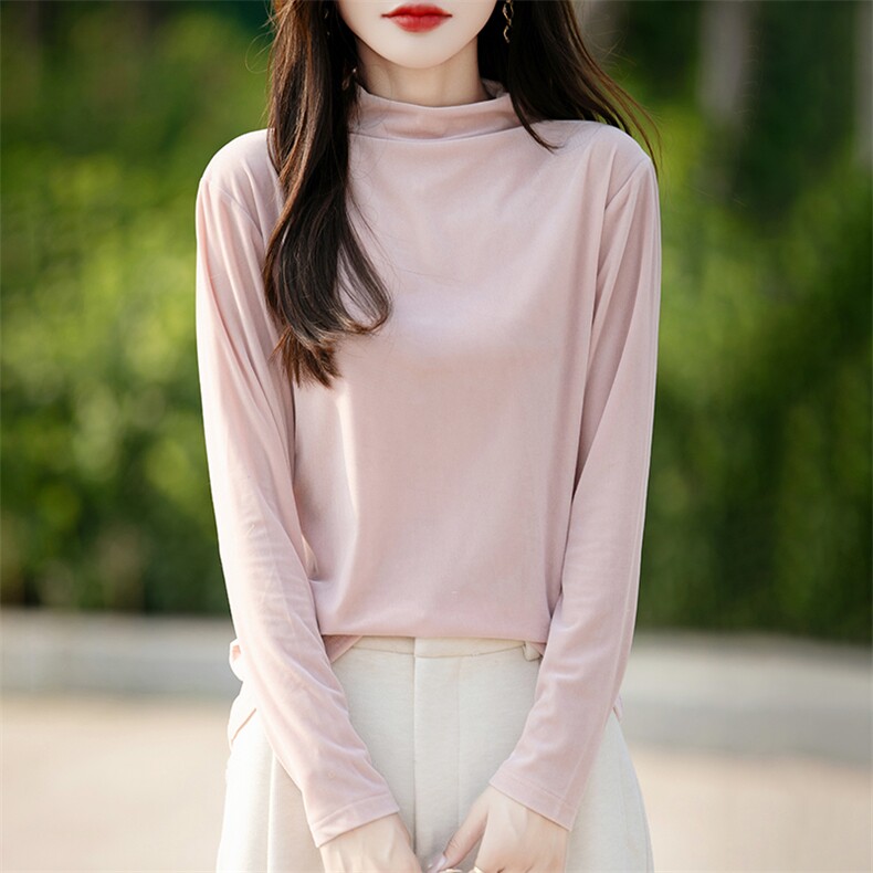 时尚百搭女士秋冬半高领打底衫简约纯色修身显瘦长袖针织衫,针织衫/毛衣,绒宛羊绒