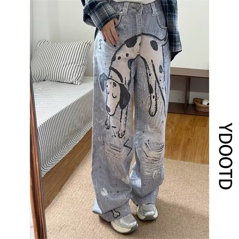 水洗蓝色涂鸦阔腿牛仔裤男女高腰显瘦直筒裤子休闲裤子AM9003 P58图片