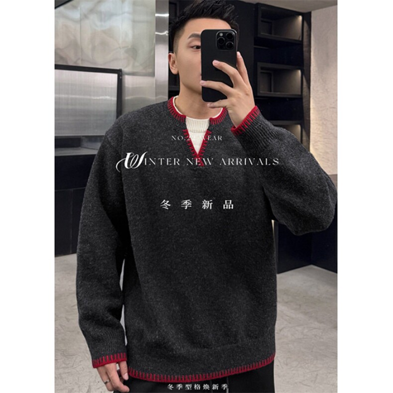 碳黑色美式假两件手缝线v领毛衣男冬季慵懒撞色针织衫MLR312,男装针织衫/毛衣,星座1116A（原606A-3）