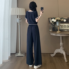 欧货时尚休闲运动套装女夏季新款简约圆领拼接短袖直筒长裤两件套，女装套装/套裙，江南