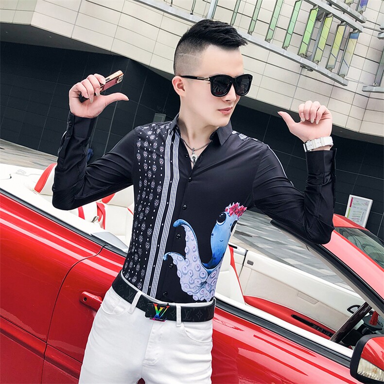 2021春秋衬衫社会男长袖上衣印花男装韩版修身四季潮流衬衣Q631-P55,男装衬衫,星座419（原A233）