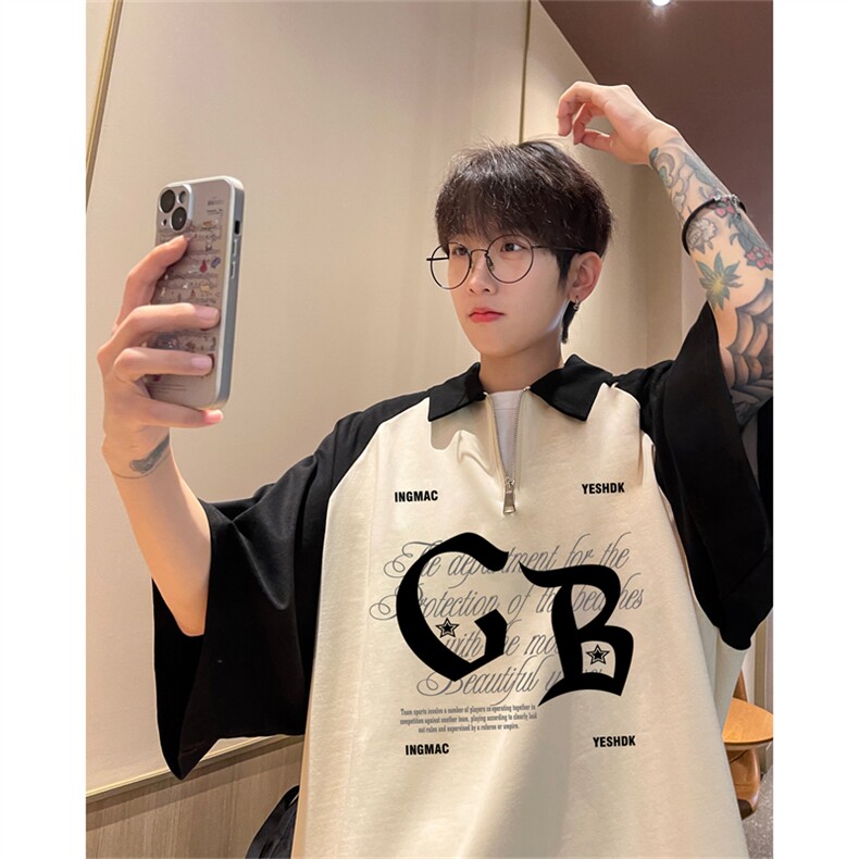港风重磅全棉撞色插肩袖polo衫短袖男T恤XGP3214-P45控78,男装T恤,电商B370
