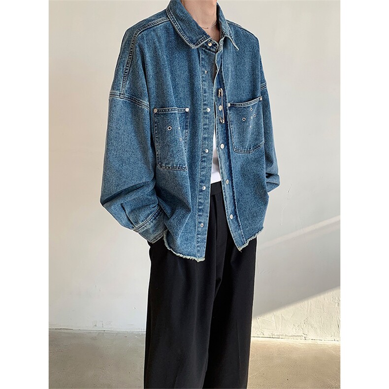 春季美式复古朋克金属装饰下摆毛边潮流牛仔外套JK014P115,男装工装外套,星座512-1（原513-3）
