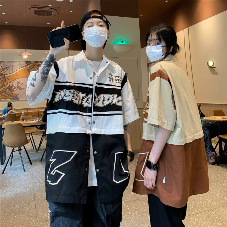学院风字母撞色拼接休闲宽松落肩短袖POLO衫男女同款无品牌新款,男装T恤,星座516A
