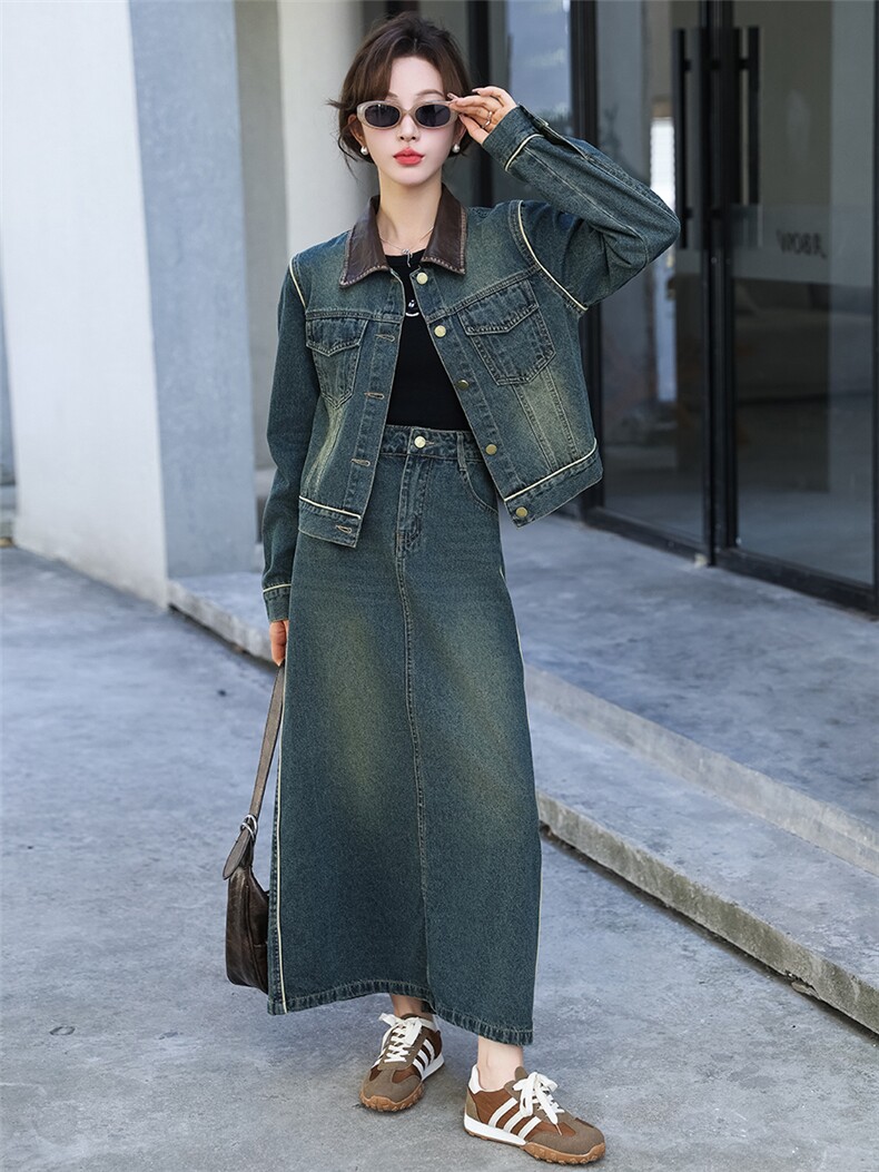 潮牌复古时尚牛仔套装女2024春秋新款洋气炸街短外套阔腿裤两件套，女装套装/套裙，江南女神