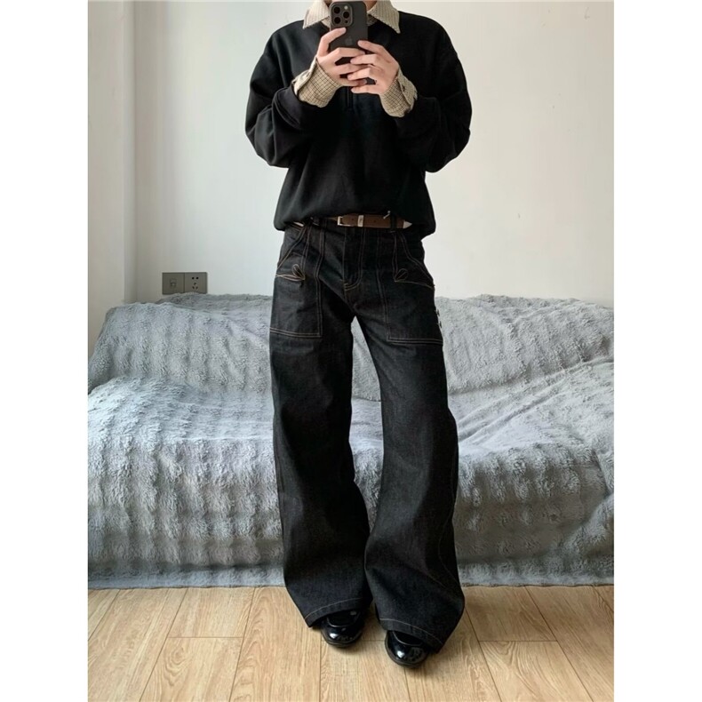 2026新美式复古vibe小众弯刀牛仔裤重工水洗阔腿裤K71336-P48网图,男装牛仔裤,电商B245