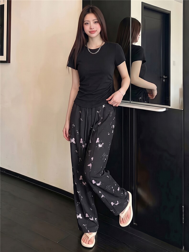 韩版休闲运动套装女夏季新款修身显瘦圆领短袖上衣印花长裤两件套,女装套装/套裙,江南
