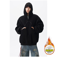 480G重磅加绒硬挺boxy男女秋冬美式高街卫衣铆钉拼接开衫厚外套，女装短外套，电商A486-1