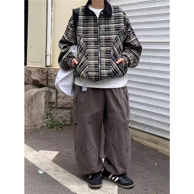 春秋美式短款格子纹夹克男百搭宽松休闲翻领外套潮上衣HH912P88,男装夹克,星座1013-5