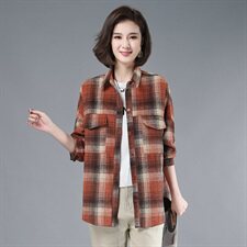 2021年春季排多扣格子衬衫POLO领通勤韩版宽松磨毛衬衣，女装衬衫，伊满意