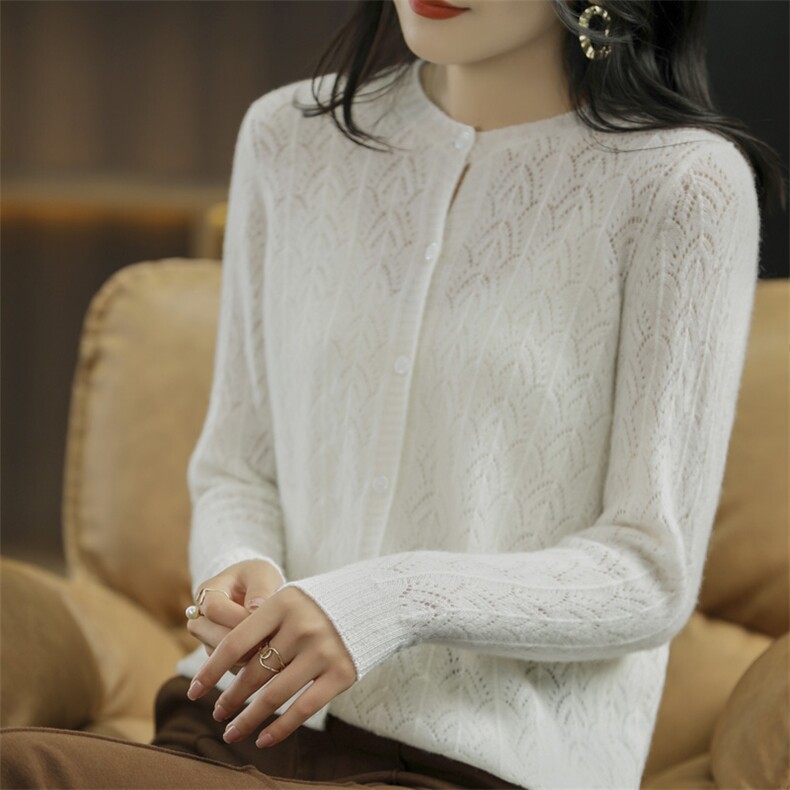 2025年秋季新款凤尾花提花镂空针织女士羊毛上衣时尚休闲通勤百搭，女装羊毛衫，洁纯羊绒