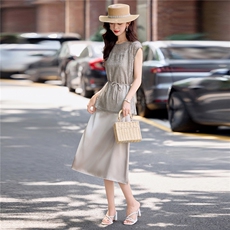 现货。夏季新款时尚套装无袖网空两件套气质连衣裙，女装套装/套裙，E百度