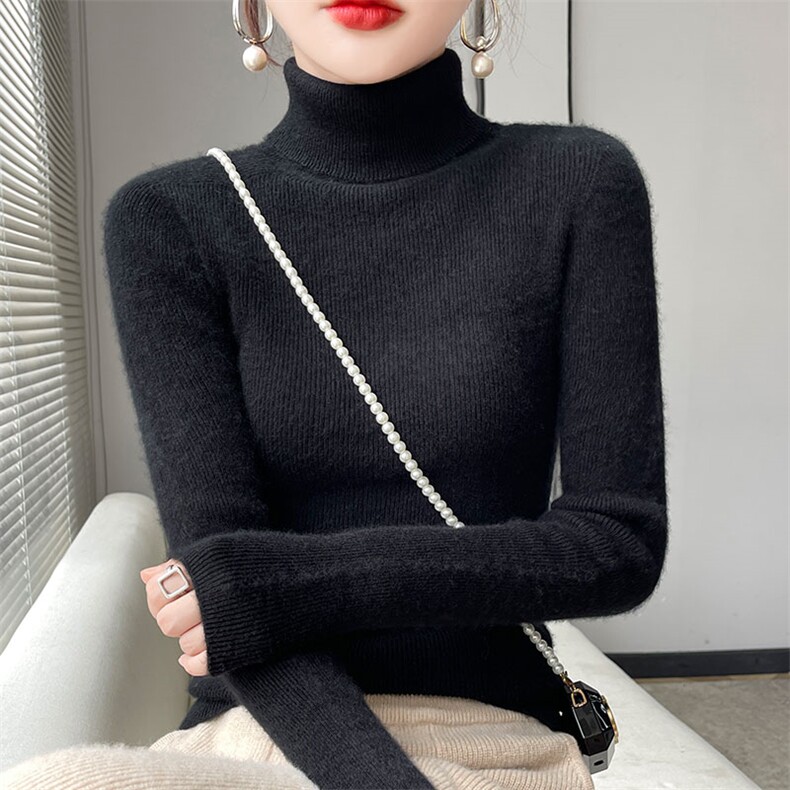无缝高领羊毛衫女秋季2025新款抽条修身高领毛衣加厚针织打底衫，女装羊毛衫，美轩羊绒