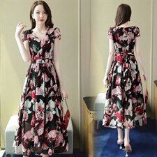 大码女装新款夏季南法花柄印花V领雪纺裙胖妹妹时尚洋气质连衣裙，女装连衣裙，罗得堡