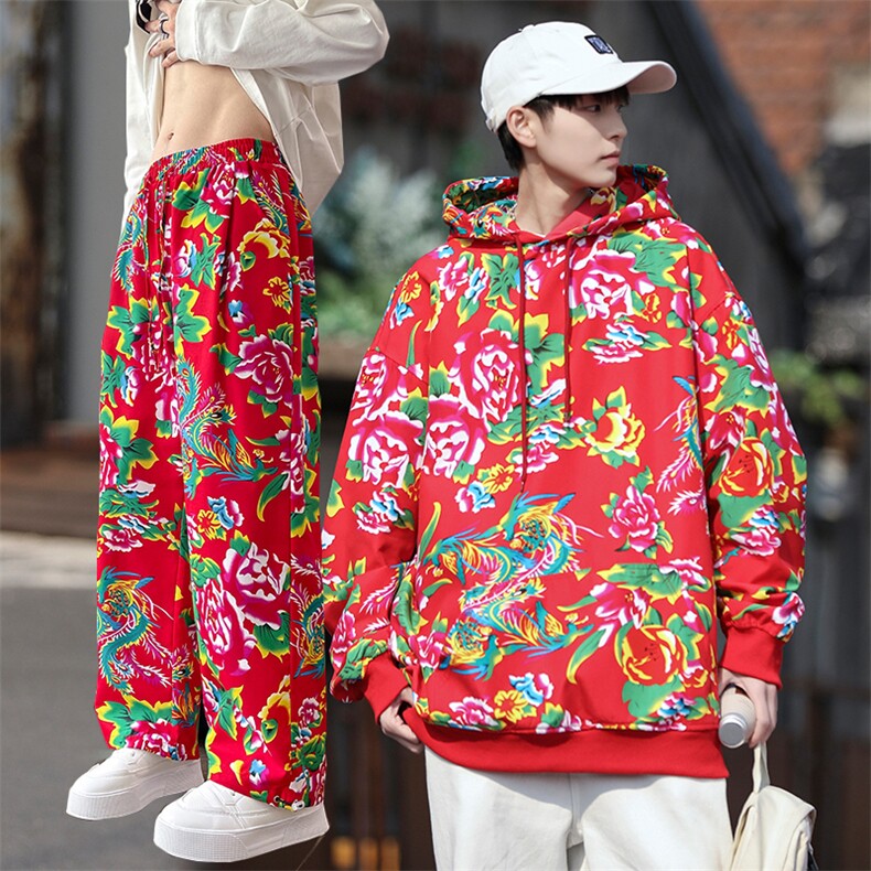 TZ205东北大花连帽卫衣裤子套装新中式汉服男女大码团队表演出潮,男装休闲套装,星座115A(原星座507）