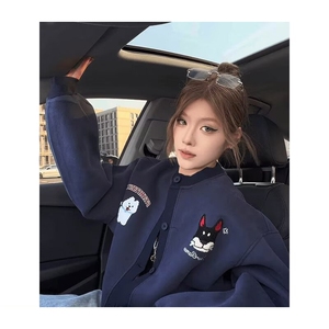 美式趣味毛巾绣慵懒卫衣开衫男女秋冬情侣棒球服潮SX1010P51图片