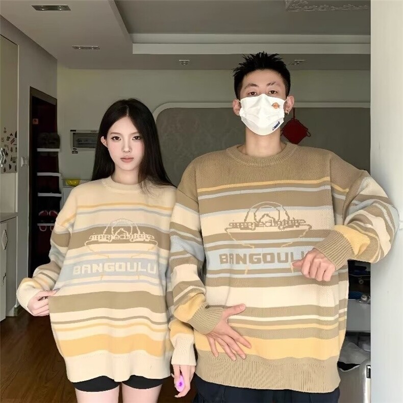 806-P45港风复古潮牌条纹毛衣男秋冬宽松休闲慵懒风美式圆领,男装针织衫/毛衣,电商B323A