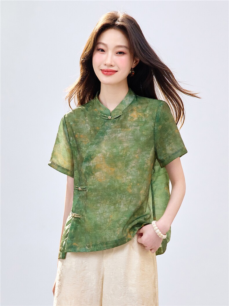 长期现货2026新中式印花上衣女夏季薄款透气短袖衬衫中老年妈宽松,女装衬衫,璐依舞
