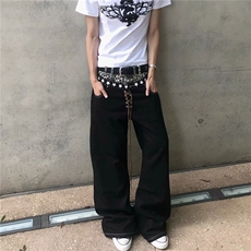 美式复古豹纹拼接双腰头牛仔裤男女秋季街头亚比假两件宽松弯刀裤，男装牛仔裤，星座516A