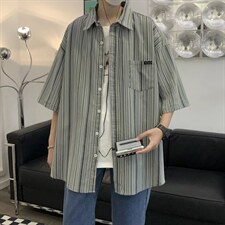 2022春秋季潮牌宽松衬衣日系复古条纹短袖衬衫男外套W3044-P30，男装衬衫，星座512-2