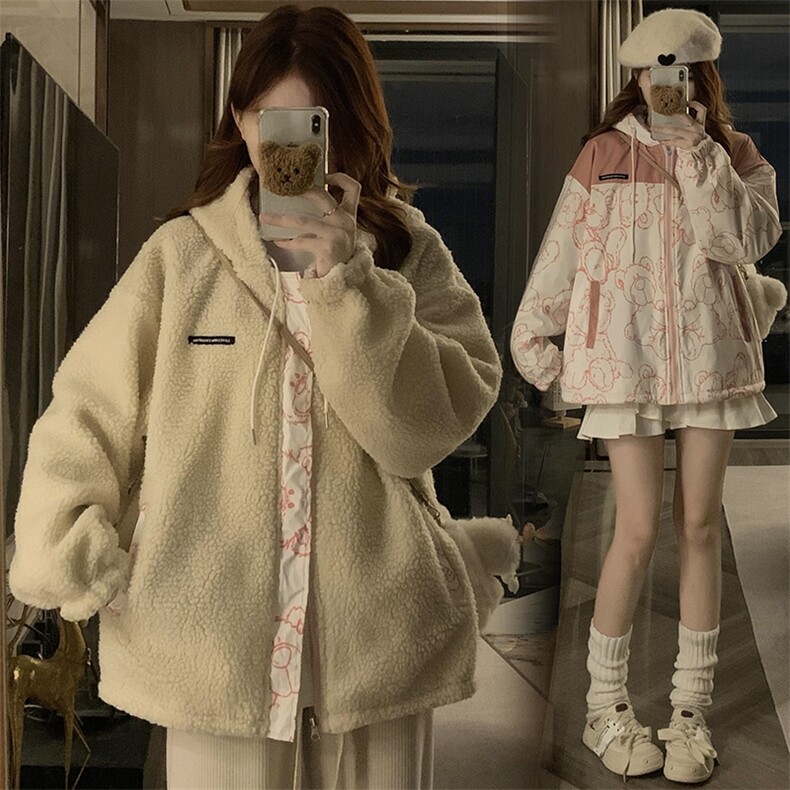 C895-P120 两面穿羊羔毛学院风外套秋冬季新款宽松加厚棉服图片