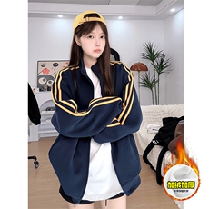 480G重磅加绒硬挺boxy男女秋冬美式高街三条杠立领卫衣开衫厚外套，女装短外套，电商A486
