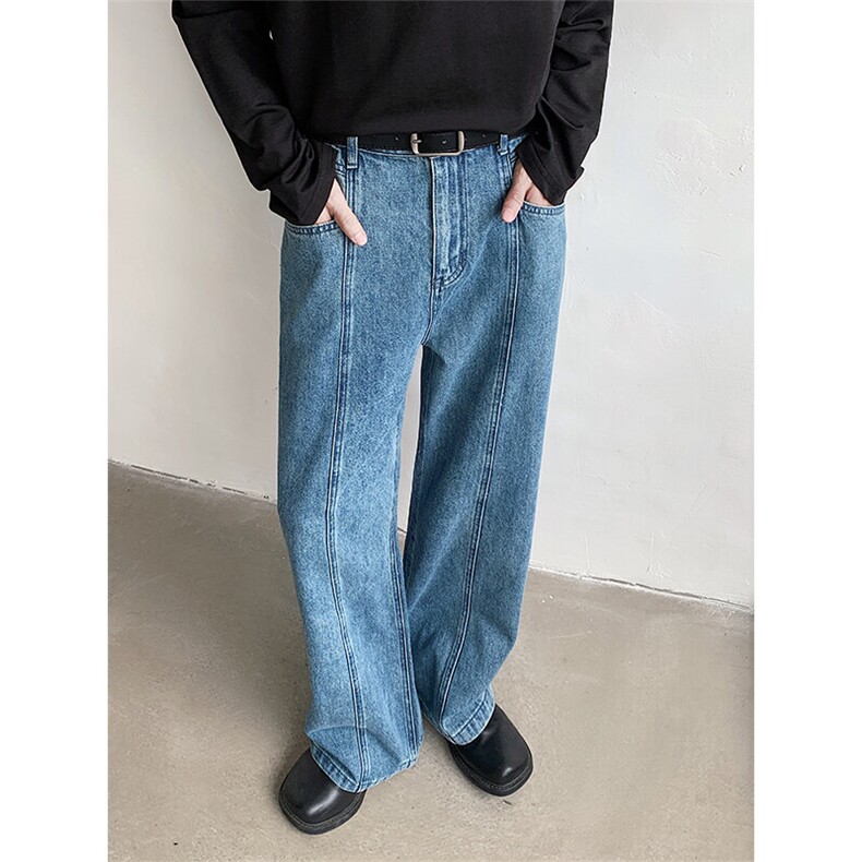 春装复古蓝水洗分割弧形百搭阔腿牛仔裤男显瘦长裤NK39P60,男装牛仔裤,星座512-1（原513-3）