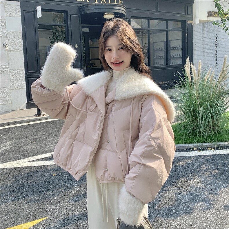 新款现！羊羔毛翻领手套粉色羽绒服外套2C133-6011-P285-K408,女装羽绒服,2C133