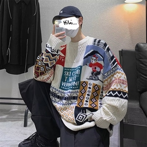 美式复古设计感ins拼接毛衣男潮牌情侣装宽松圆领小众针织衫外套,针织长裙搭配帽子图片