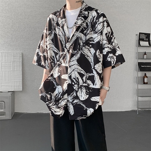 8XL-M 冰丝凉感衬衣垂感透气复古花纹宽松男五分袖短袖衬衫CS526图片